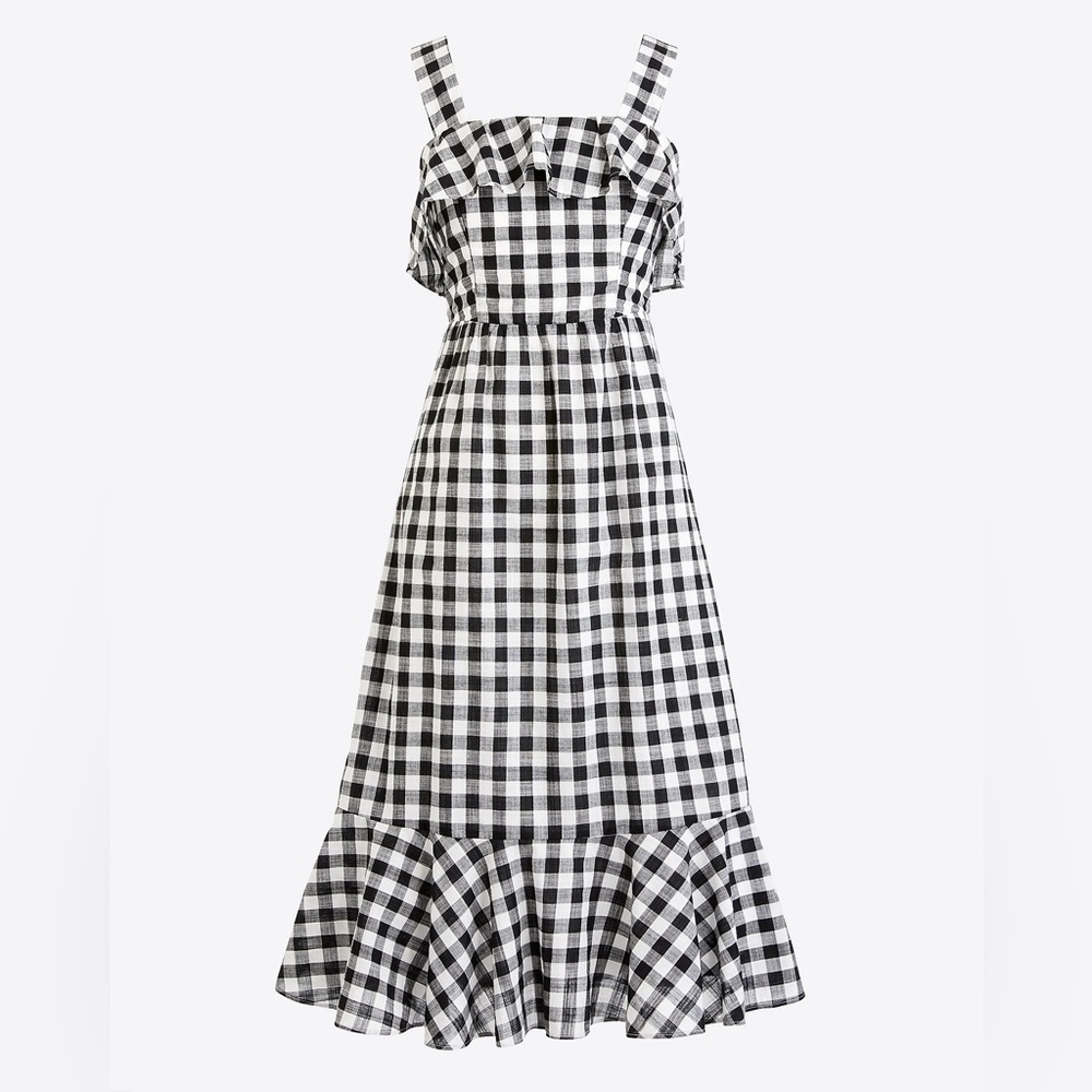 J. Crew Black White Gingham Plaid Ruffle Midi Dress 14 - Picture 2 of 16
